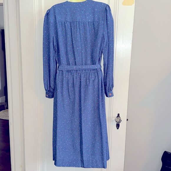 Vtg  70s/80s Schrader Sport Petites Blue Polka Dot Long Sleeve Polyester Dress - Picture 6 of 8